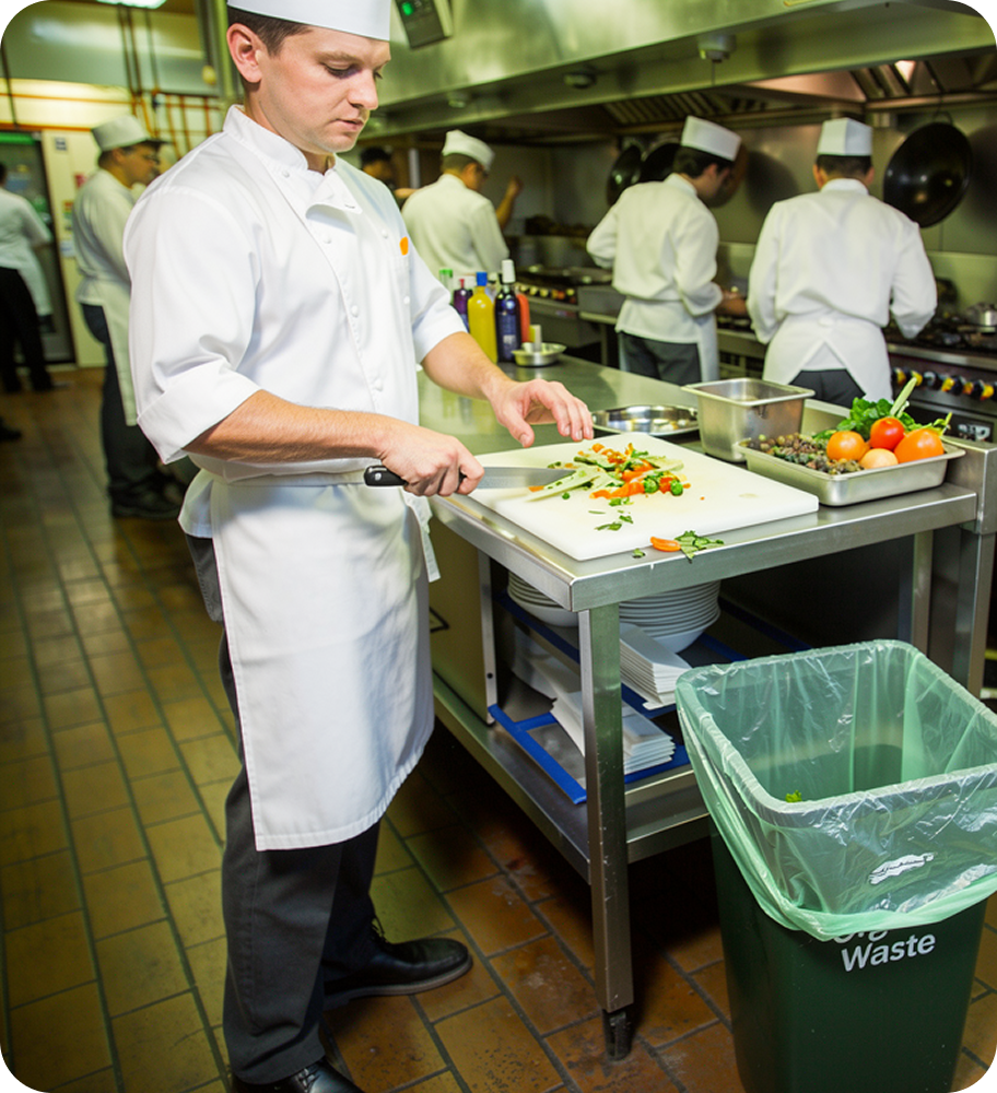 Restaurant kitchen with chef preparing food